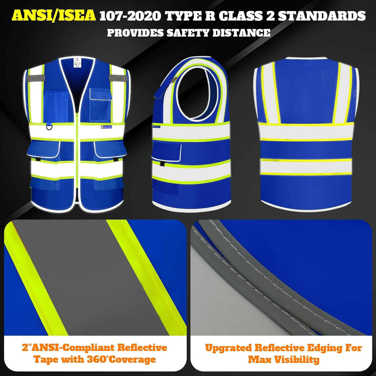 Custom Safety Vest Logo High Visibility Reflective Vest Ansi with Pockets Class 2 Hi Vis Security Construction Workwear