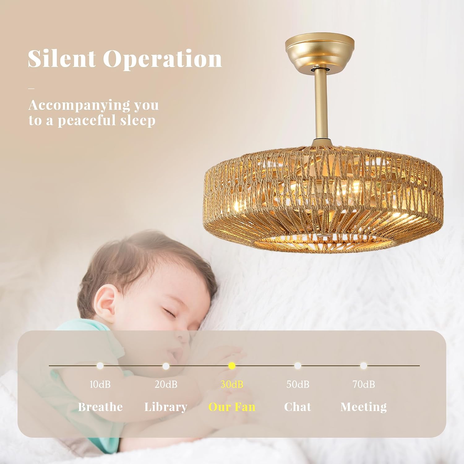 20 inch Boho Ceiling Fan with Light, 6 Speeds, Remote Control, Timer Function, Bladeless Design, Gold