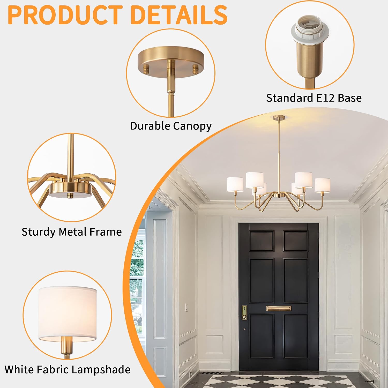 Modern Gold 6-Lights Chandelier, 39' Pendant Light with White Fabric Shade Adjustable Classic Chandelier Light Fixtures for Kitchen Island Dining & Living Room Entryway