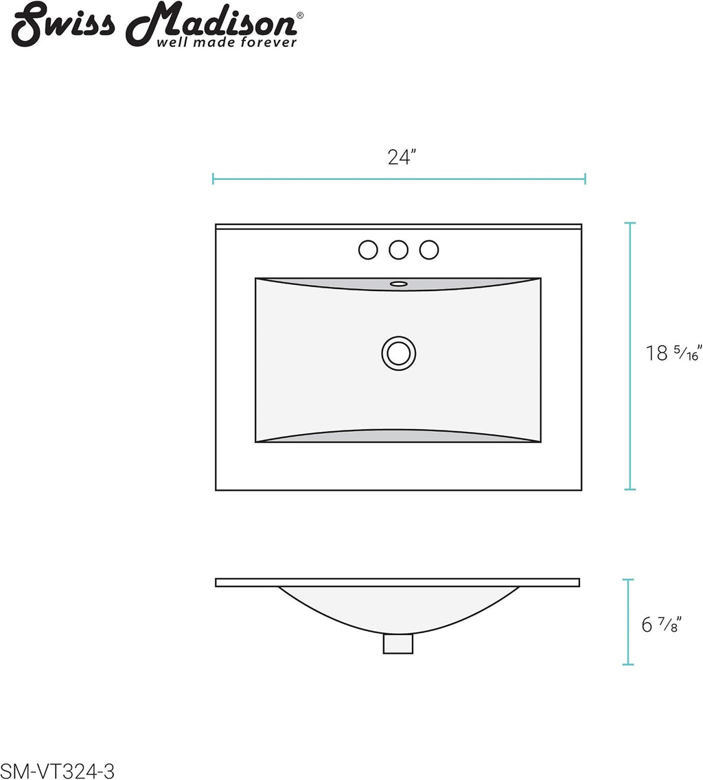 Swiss Madison Well Made Forever SM-VT324-3 Ceramic Vanity Top Sink 24' with Three Faucet Holes