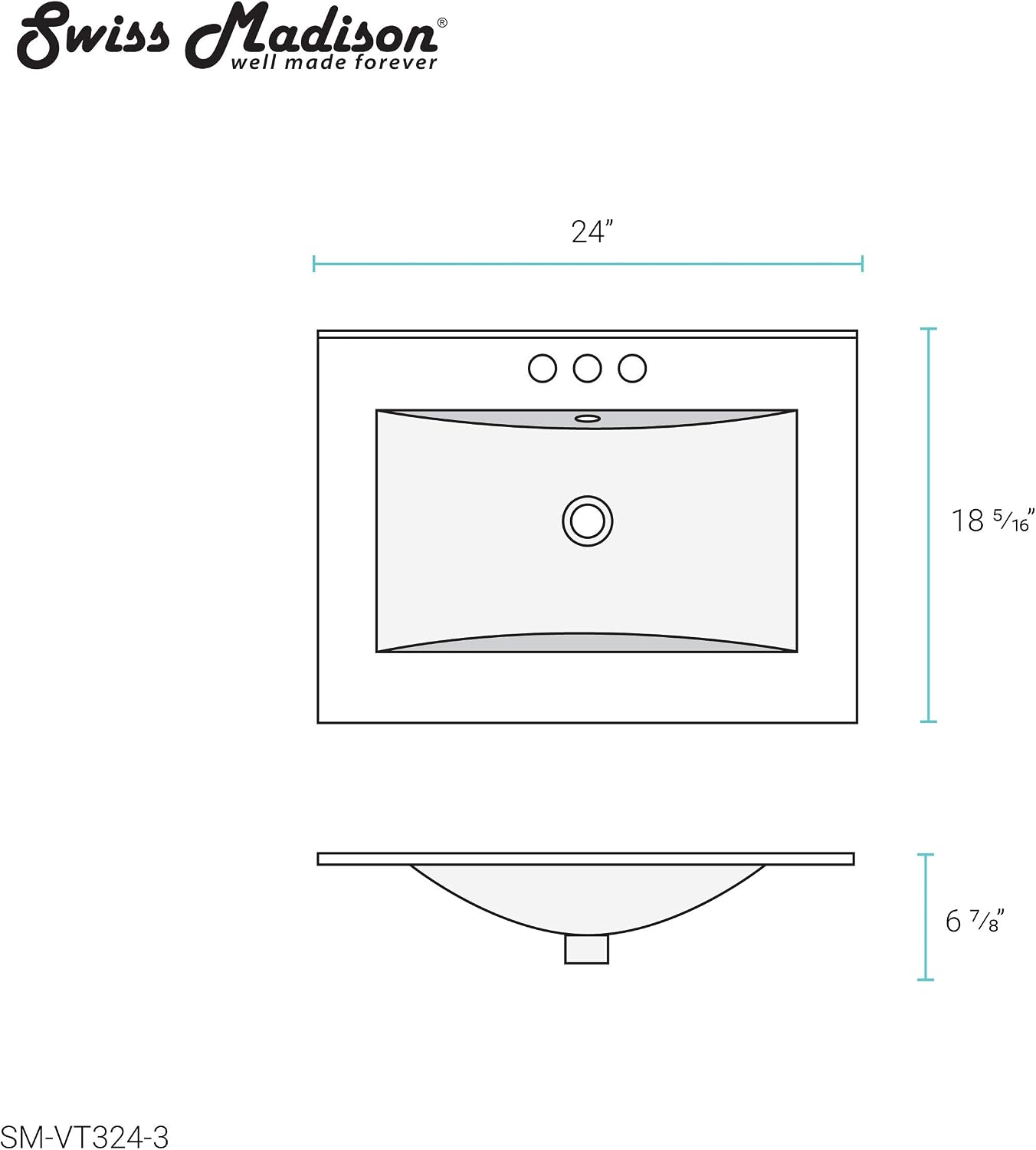 Swiss Madison Well Made Forever SM-VT324-3 Ceramic Vanity Top Sink 24' with Three Faucet Holes