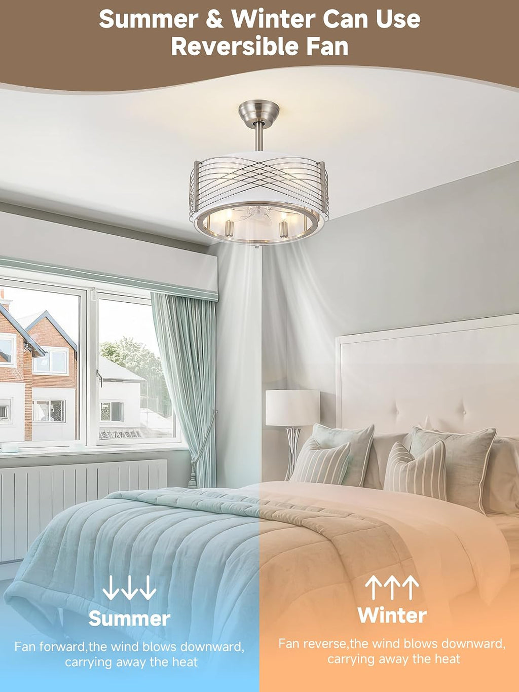 20' Fandelier Ceiling Fans with Lights, Silver Caged Ceiling Fan with Light Remote Control, Mid-Century Modern with 6 Speeds for Bedroom, Nursery, Living Room (Silver)