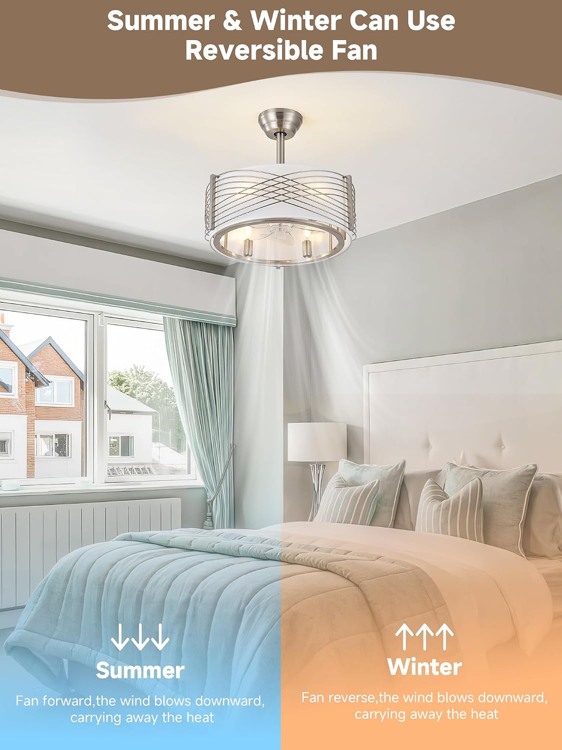 20' Fandelier Ceiling Fans with Lights, Silver Caged Ceiling Fan with Light Remote Control, Mid-Century Modern with 6 Speeds for Bedroom, Nursery, Living Room (Silver)