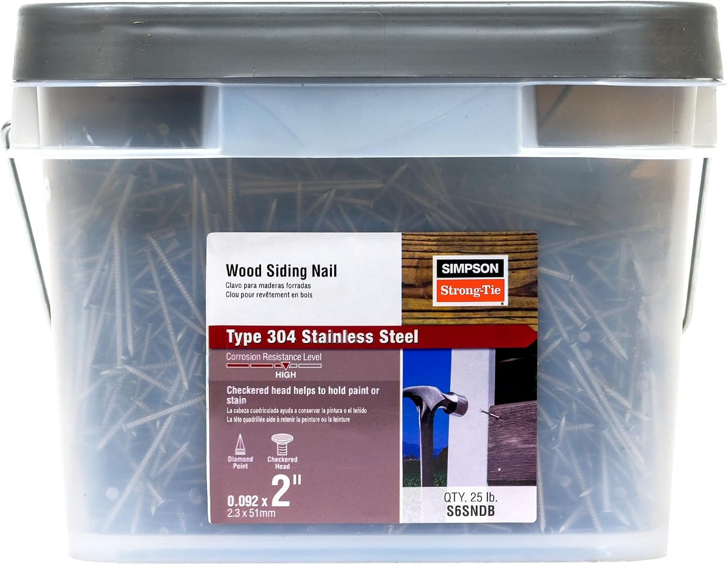 Simpson Strong-Tie S6SNDB Ring-Shank Wood Siding Nail, 2 Inch x 0.092 Inch, 13 Gauge, Full Round Head, Diamond Point, Type 304 Stainless Steel (Pack of 6125)