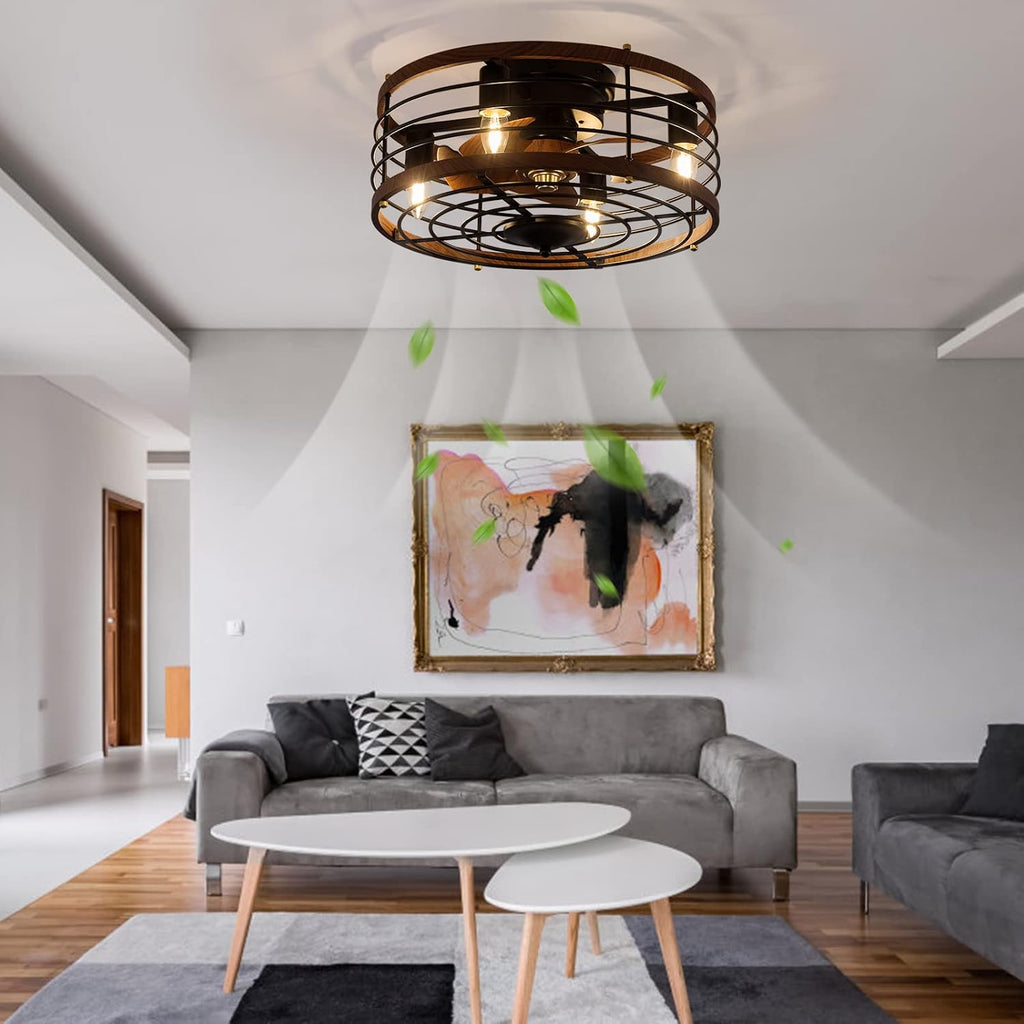 18' Caged Ceiling Fan with Light Flush Mount, Modern Farmhouse Fandelier with Timer & Control, 3-Speed, Ceiling Fan Light Fixture for Kitchen Bedroom Office Dark Brown 110V E26*4