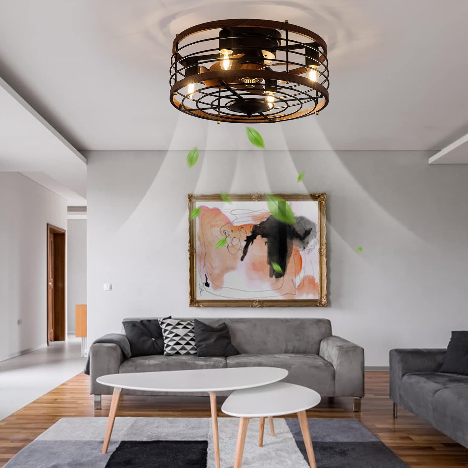 18' Caged Ceiling Fan with Light Flush Mount, Modern Farmhouse Fandelier with Timer & Control, 3-Speed, Ceiling Fan Light Fixture for Kitchen Bedroom Office Dark Brown 110V E26*4
