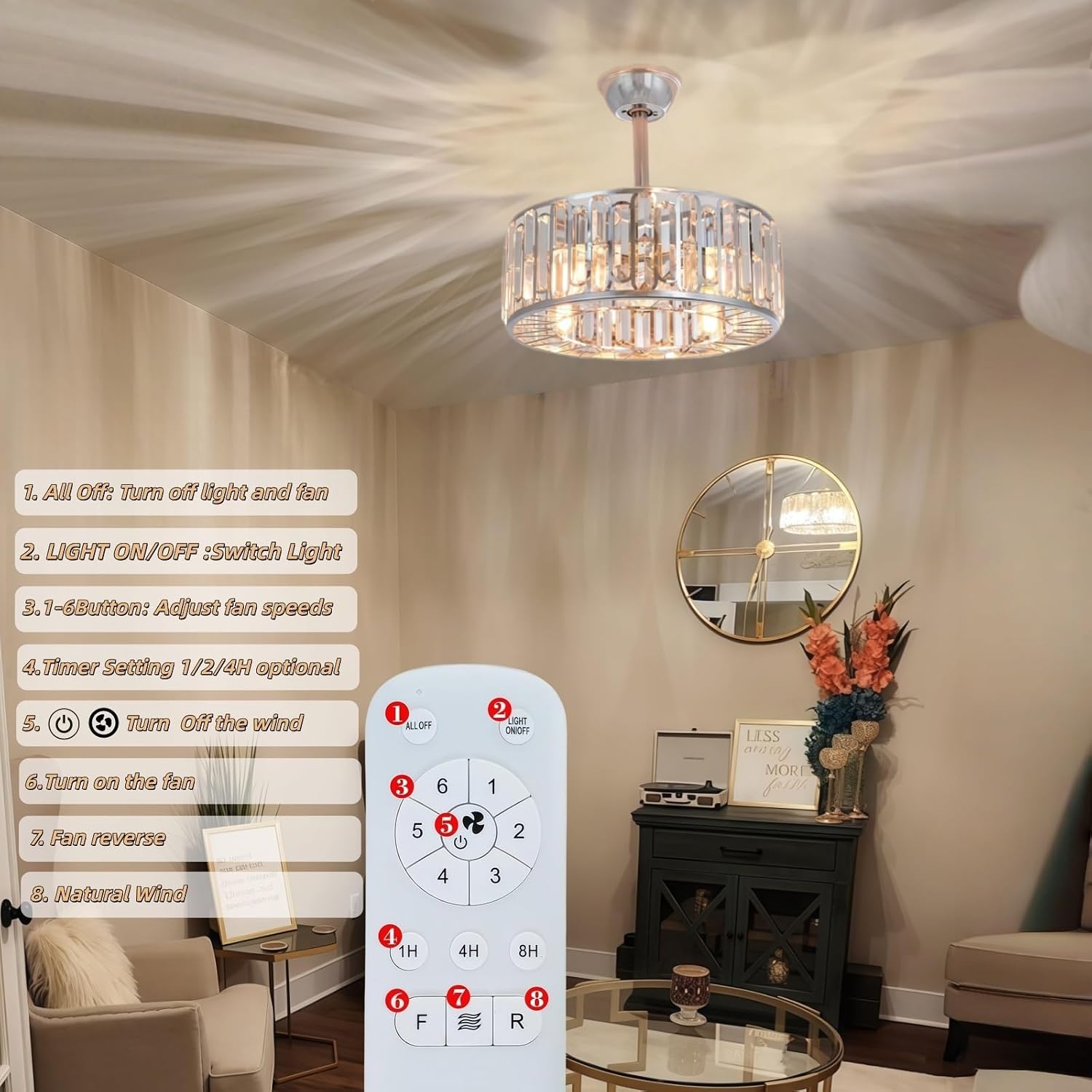 18.2' Silver Crystal Caged Ceiling Fan with Light 4-Lights Modern Flush Mount Chandelier Fan Remote Chrome Crystal Fandelier Lights for Bedroom Living Room Dining Room Entry Loft Hallway