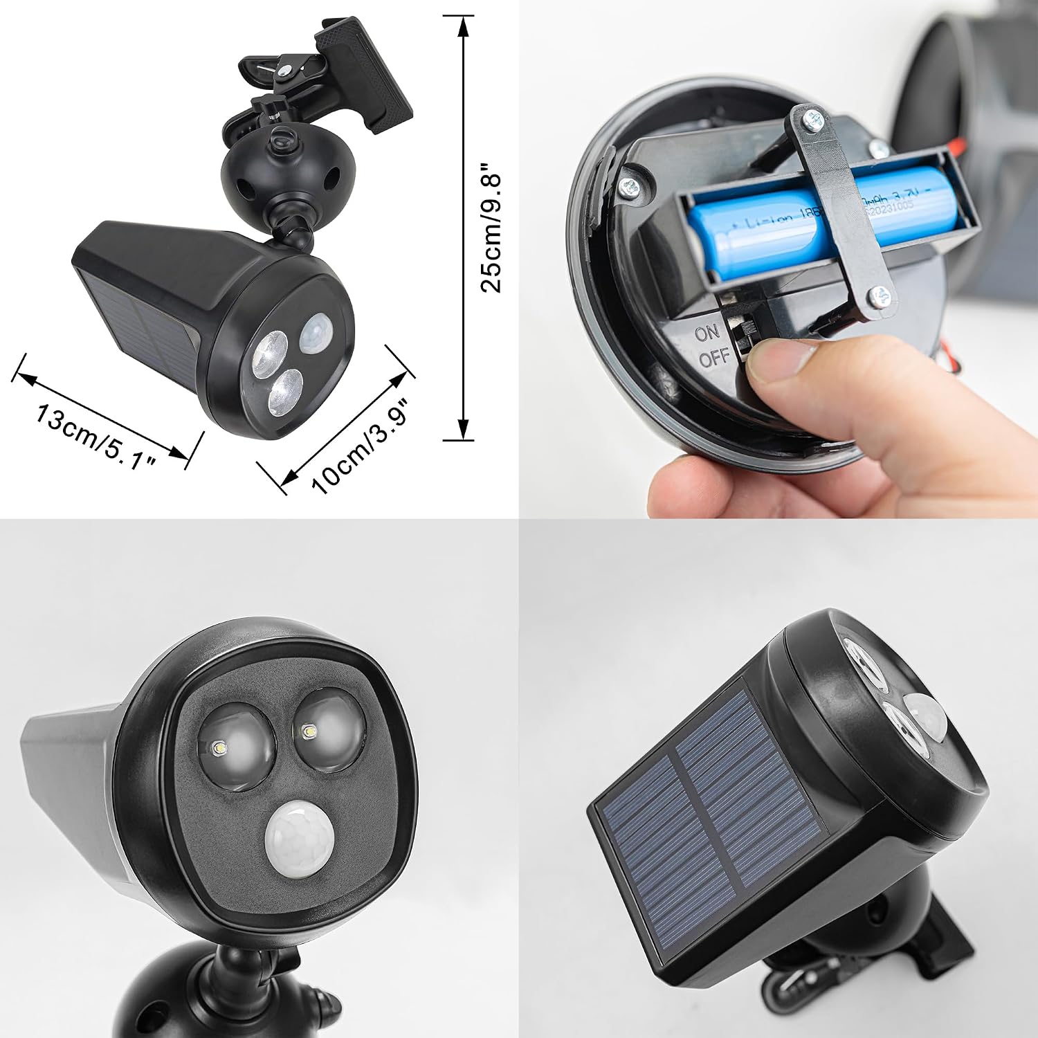 3Pcs Clamp Mount Outdoor Indoor 3W Spotlight Solar Power Waterproof Motion Sensor Clip Type Lamp Adjustable Angle Simple Design Clip to Garden Yard Fence Balcony