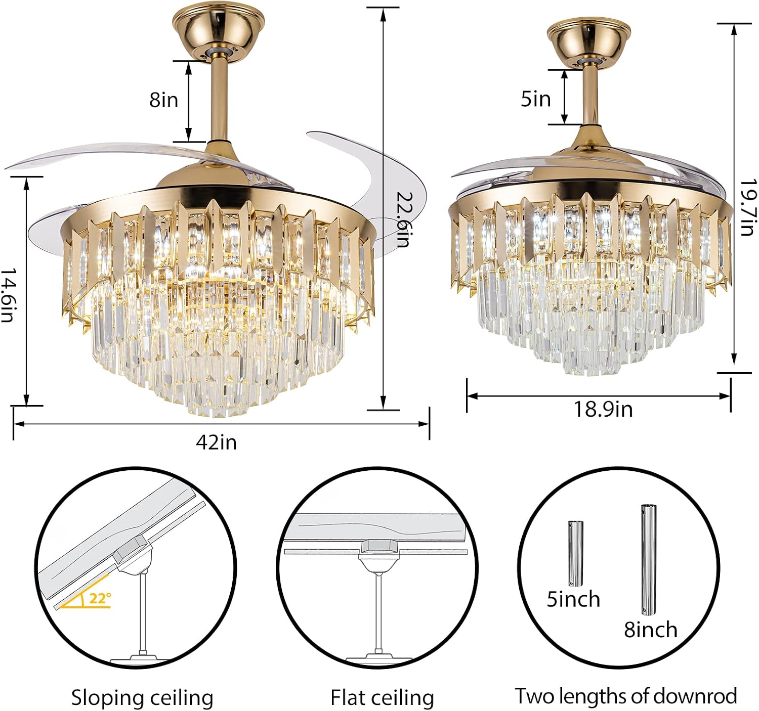 42 Inch Chandelier Ceiling Fan Modern Crystal Ceiling Fan with Lights Remote Control 6 Speed 3 Color Dimmable Silent Luxury Fandelier with Retractable Blades for Living Room Bedroom Decoration Gold