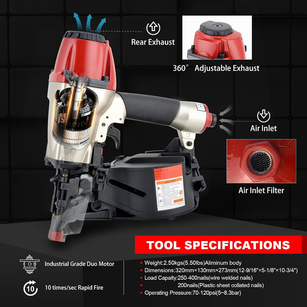 Pneumatic Coil Siding Nailer CN565B, 1-1/4' to 2-1/2' | 15 Gauge Siding Nail Gun. Quick jam release and tool-free depth adjustment for siding, fencing, sheathing & roof decking.