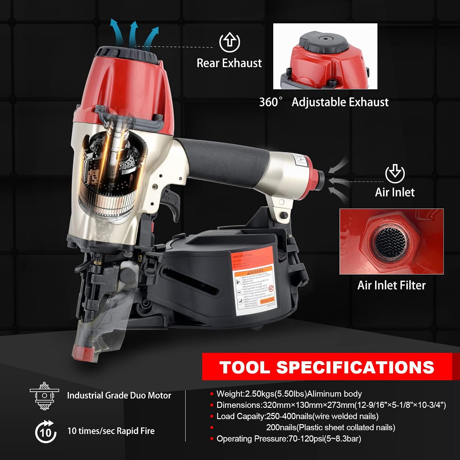 Pneumatic Coil Siding Nailer CN565B, 1-1/4' to 2-1/2' | 15 Gauge Siding Nail Gun. Quick jam release and tool-free depth adjustment for siding, fencing, sheathing & roof decking.