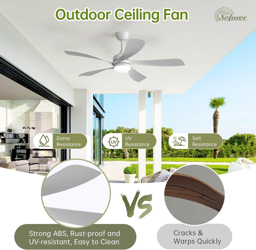 Sofucor 52 Inch Ceiling Fan with Light, Modern Ceiling Fan with Dimmable Memory LED - Quiet DC Motor, 6 Speeds 5000CFM, Timer, Reversible, for Living Room Bedroom, ETL, 5 Plastic+ABS Blades, White