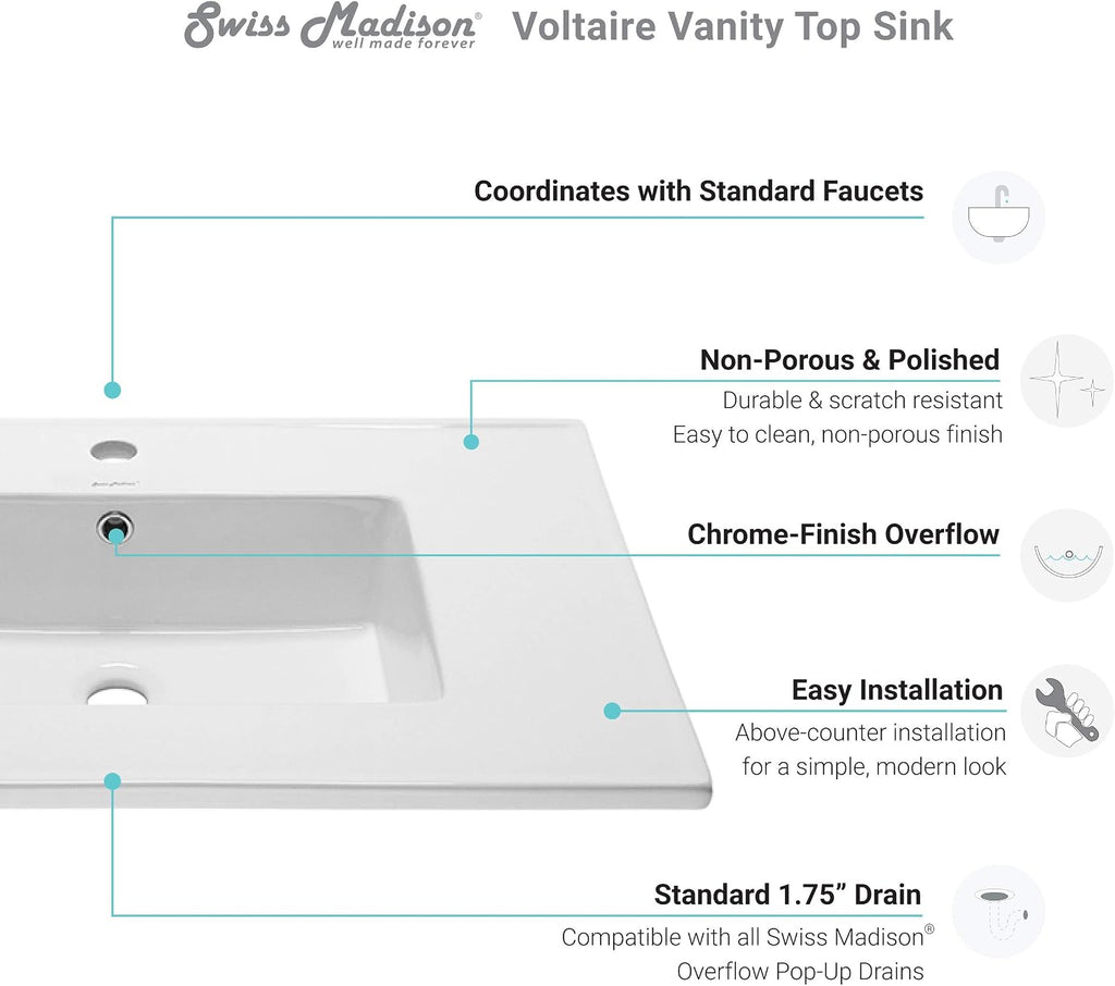 Swiss Madison Well Made Forever SM-VT328 Voltaire Vanity Top Sink, Glossy White