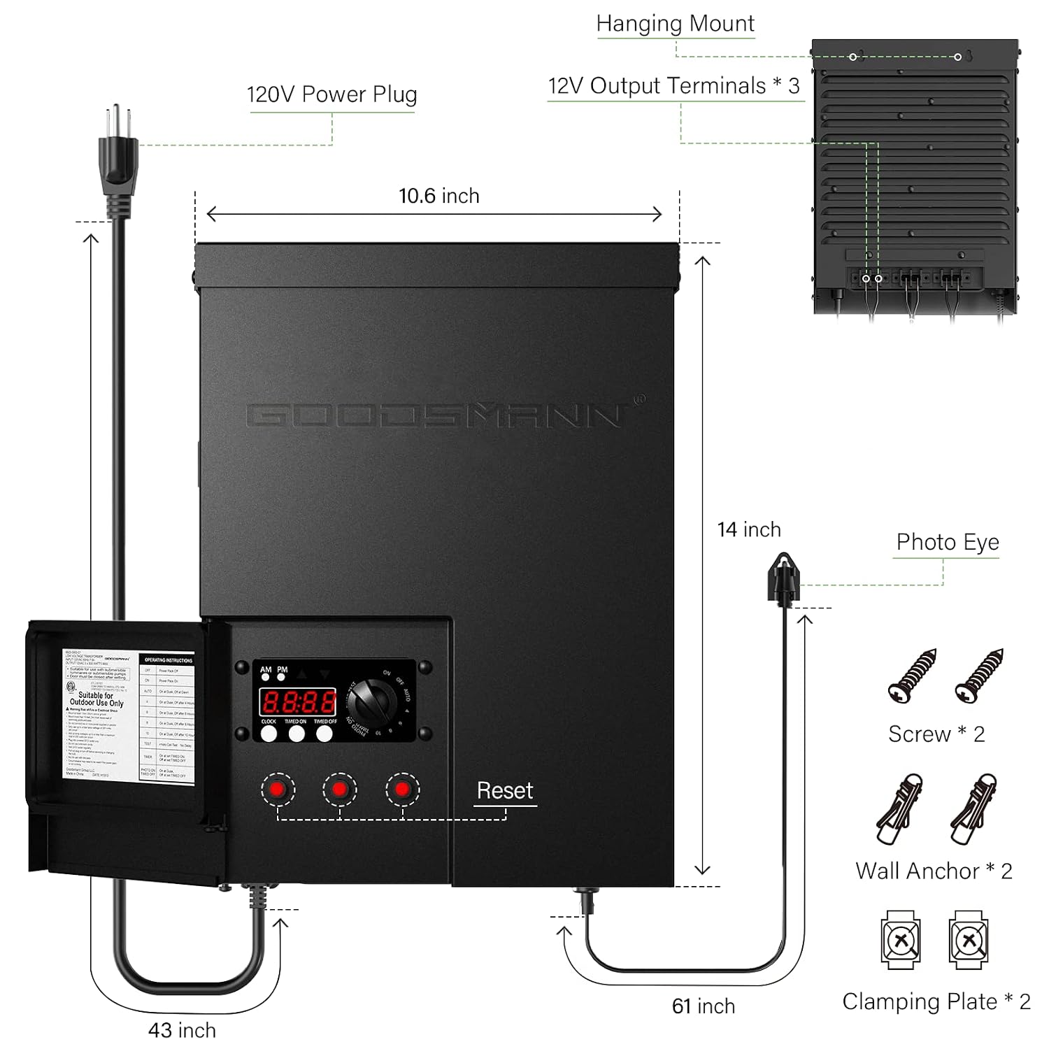 GOODSMANN Low Voltage Transformer Low Voltage Landscape Lighting Spotlight Outdoor Transformer with Photo Eye and Timer 120V Input 12V Output (900 Watts)