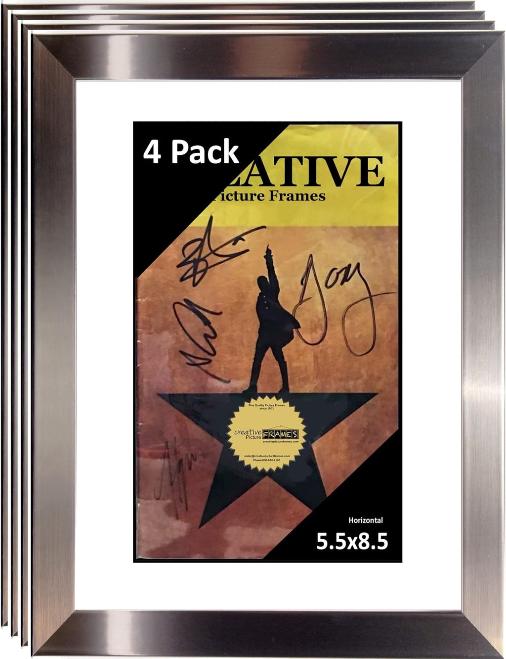 Creative Picture Frames [4pk8.5x11ss-w Stainless Steel Theatre Frame with White Matting to Holds 5.5x8.5-inch Media with Installed Hanger and Stand (Theatre Bill Not Included Pack of 4)