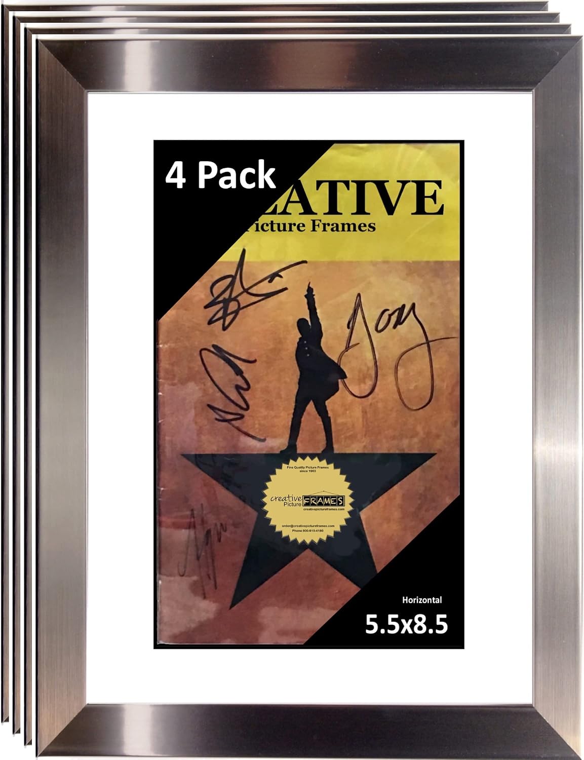Creative Picture Frames [4pk8.5x11ss-w Stainless Steel Theatre Frame with White Matting to Holds 5.5x8.5-inch Media with Installed Hanger and Stand (Theatre Bill Not Included Pack of 4)
