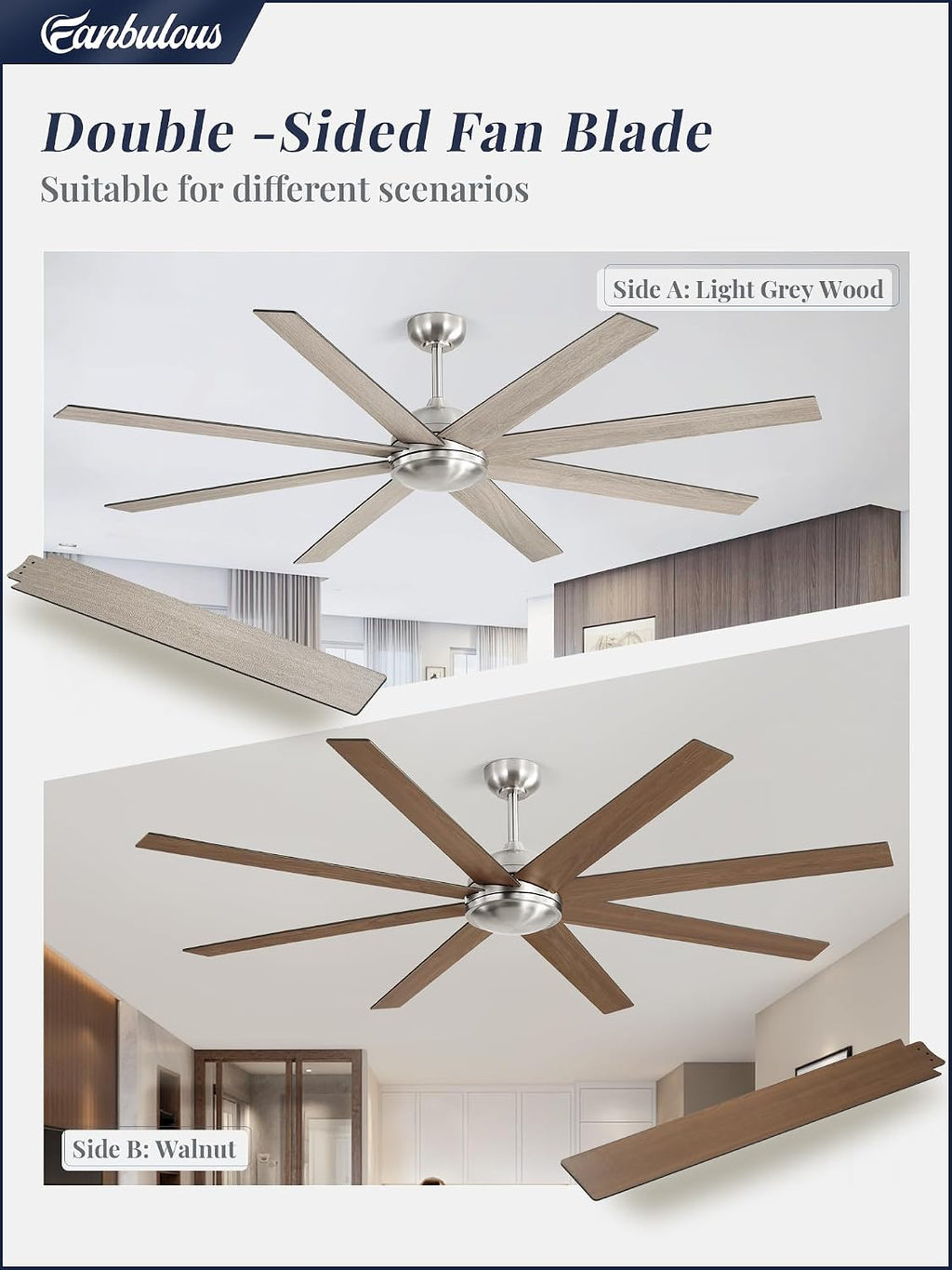 72 Inch large Ceiling Fans without Lights, Brushed Nickel Modern Ceiling Fan, 6-Speeds, Quiet Reversible DC Motor, Indoor/Outdoor Ceiling Fan with Remote for Patio, Living Room, Bedroom