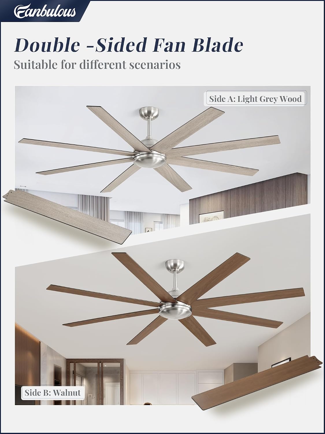 72 Inch large Ceiling Fans without Lights, Brushed Nickel Modern Ceiling Fan, 6-Speeds, Quiet Reversible DC Motor, Indoor/Outdoor Ceiling Fan with Remote for Patio, Living Room, Bedroom