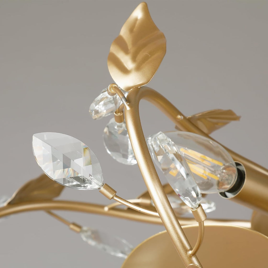 24' Gold Chandelier Ceiling Fans with Lights and Remote, Modern Crystal Leaf Caged Ceiling Fan, Quiet 6-Speed Reversible DC Motor, Dimmable Small Low Profile Ceiling Fan for Bedroom, Dining Room, E12