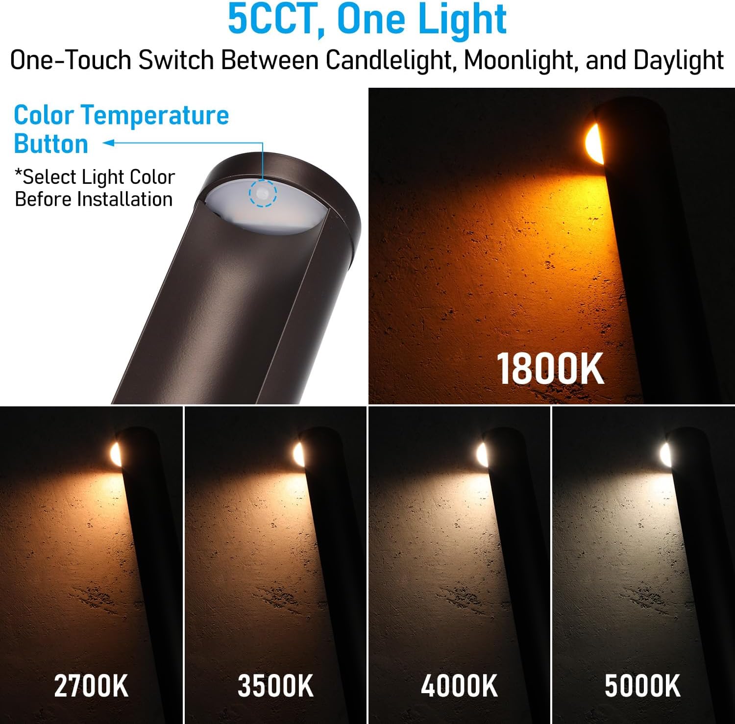 LEONLITE 5CCT Low Voltage Landscape Lights, 5W Anti-Glare LED Pathway Lights, Die-Casted Aluminum Housing, IP65 Waterproof for Outdoor Path Sidewalk Walkway, 1800K-5000K, ETL, Pack of 12