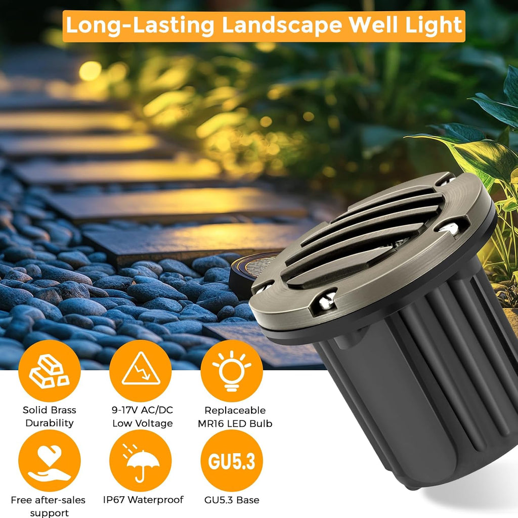 Gardencoin Brass Low Voltage Landscape Well Lights (5' Cover, 5.5' Tall), 12V LED Wired In-Ground Outdoor Up Lighting Fixture Waterproof, Adjustable Beam Direction Base, Without MR16 Bulb (4 Pack)