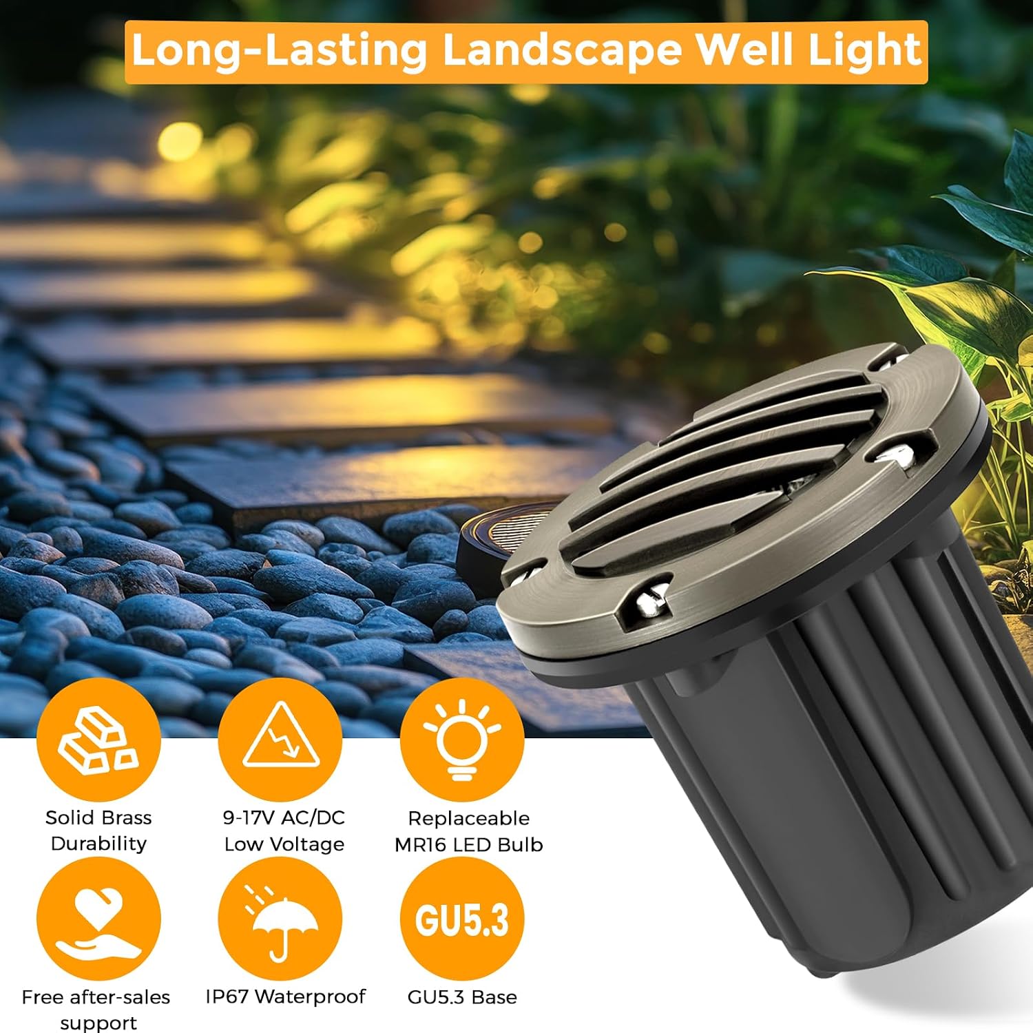 Gardencoin Brass Low Voltage Landscape Well Lights (5' Cover, 5.5' Tall), 12V LED Wired In-Ground Outdoor Up Lighting Fixture Waterproof, Adjustable Beam Direction Base, Without MR16 Bulb (12 Pack)