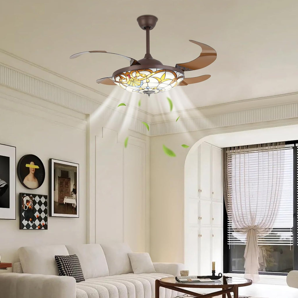 42'' Tiffany Ceiling Fan with Lights, Stained Glass Vintage Ceiling Fan Chandelier, 6 Speed Quiet Indoor Lighting Fixture Retractable Blades with Remote for Bedroom Living Room Hotel