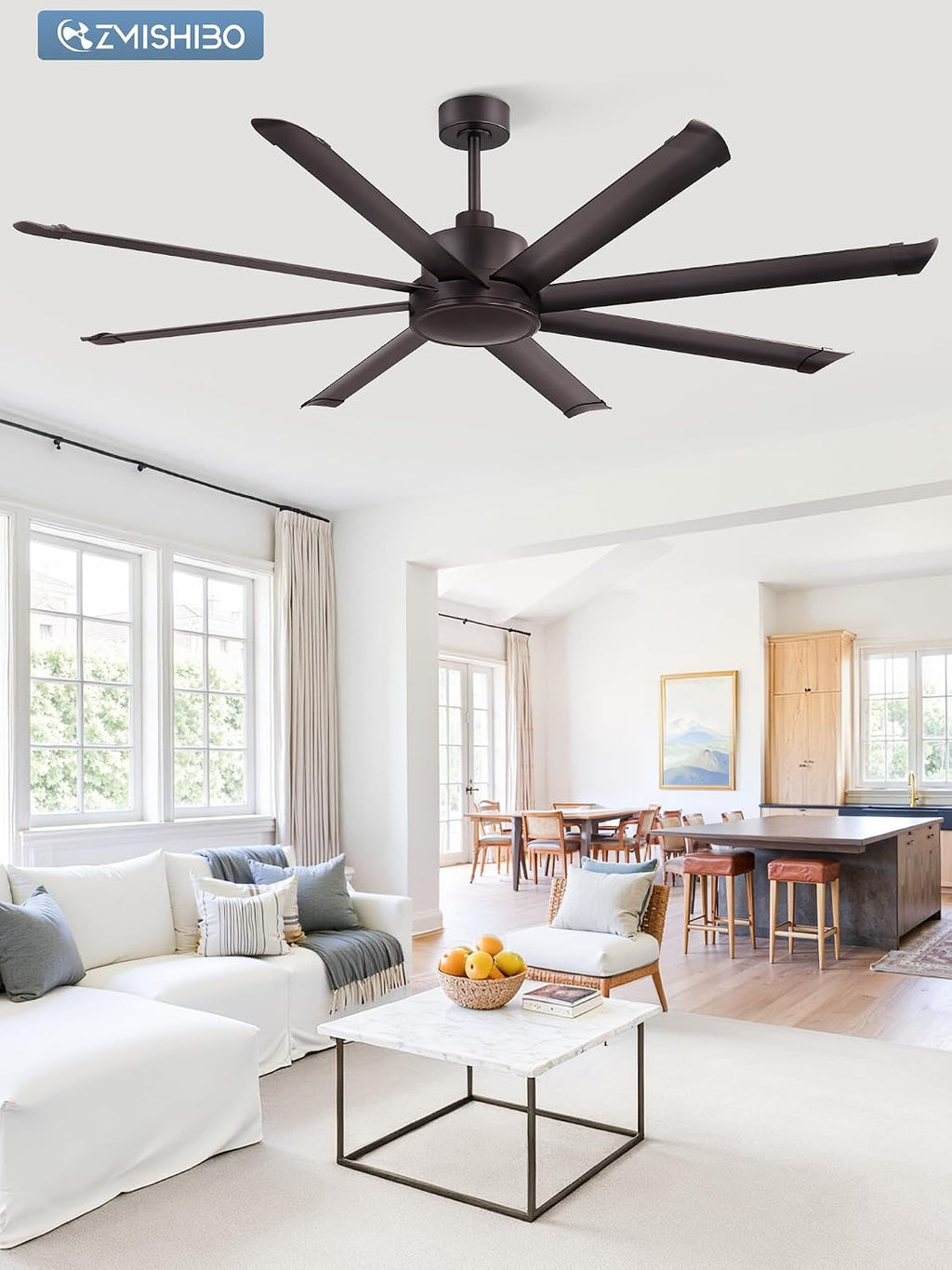 ZMISHIBO 72 Inch Large Ceiling Fan No Light, 8 Aluminum Blades, 6-Speed Remote Control, Industrial Ceiling Fan without Light, Quiet DC Motor, Indoor/Outdoor Ceiling Fans for Patio, Garage, Shop