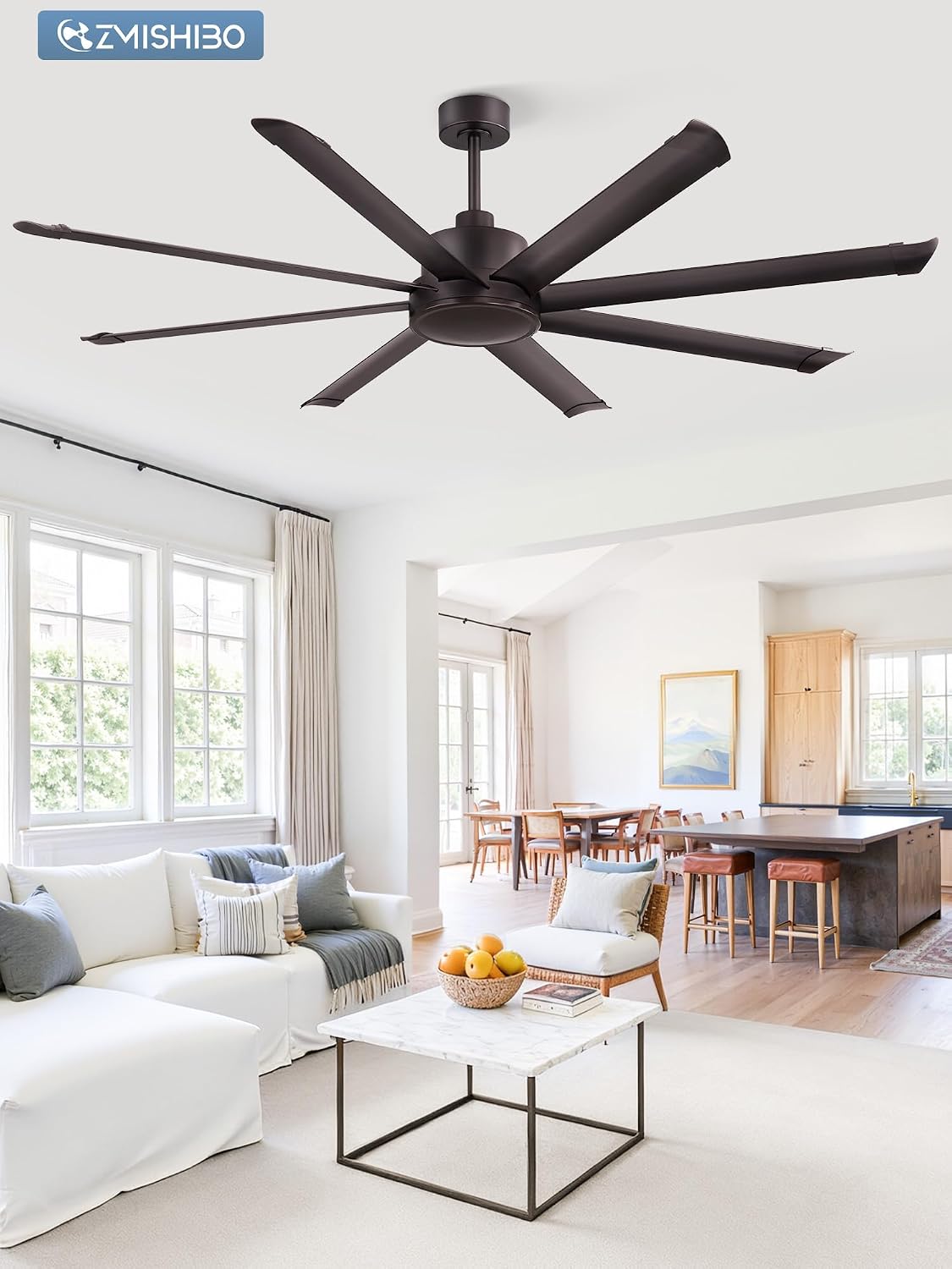 ZMISHIBO 72 Inch Large Ceiling Fan No Light, 8 Aluminum Blades, 6-Speed Remote Control, Industrial Ceiling Fan without Light, Quiet DC Motor, Indoor/Outdoor Ceiling Fans for Patio, Garage, Shop