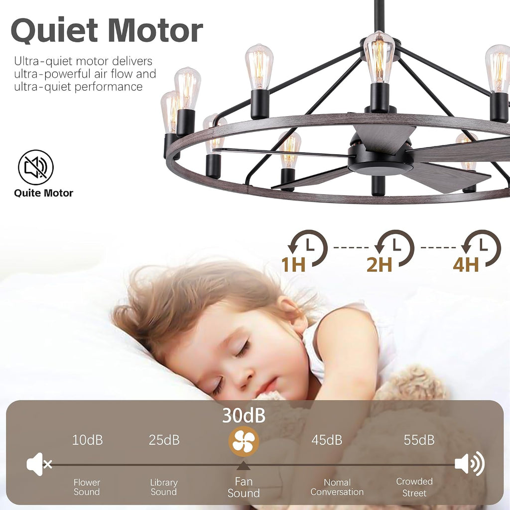 44'' Ceiling Fan with Light, Wood Wagon Wheel Chandelier, Large Farmhouse Fandelier Light Fixture, Chandelier for Living Room, Dining Room, Adjustable High Ceilings