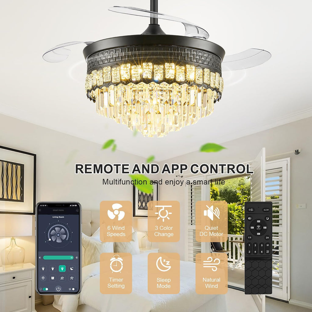 42' Fandelier Ceiling Fan with Lights,Crystal Retractable Ceiling Fan with Light,Chandelier Fans for Bedroom,Living Room,Reverse Motor,6 Speeds,3 Color Temperatures,Remote & APP Control-Black