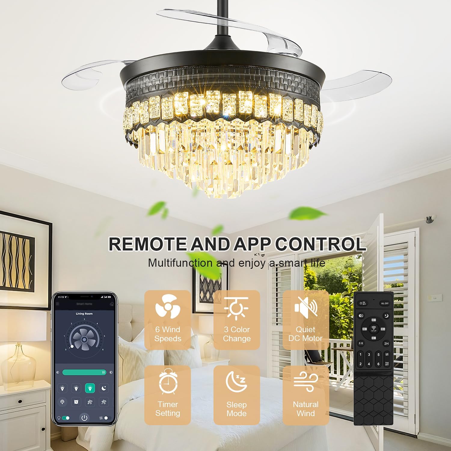 42' Fandelier Ceiling Fan with Lights,Crystal Retractable Ceiling Fan with Light,Chandelier Fans for Bedroom,Living Room,Reverse Motor,6 Speeds,3 Color Temperatures,Remote & APP Control-Black