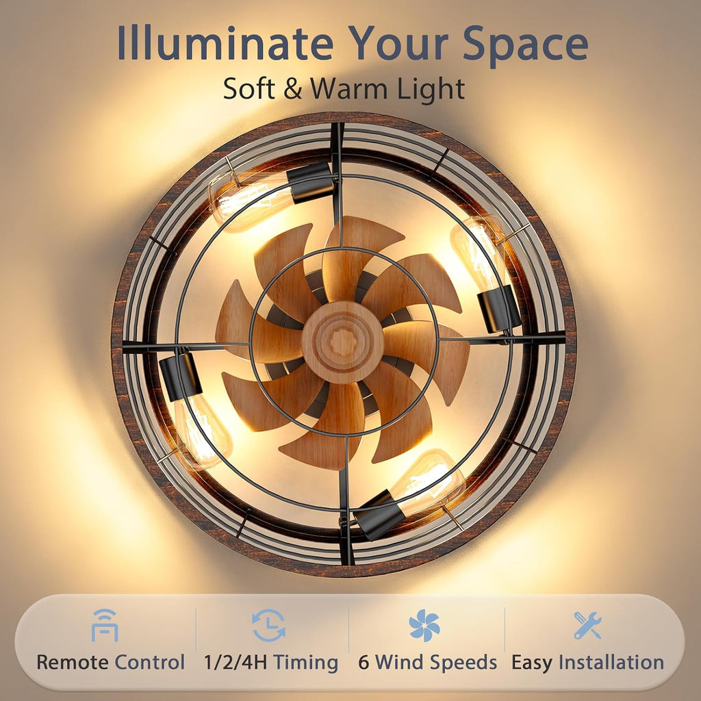 VOLISUN Farmhouse Caged Ceiling Fans with Lights Flush Mount, 23.6'' Rustic Low Profile Ceiling Fan with Light and Remote, Bladeless Fandelier Ceiling Fans with Lights for Kitchen, Bedroom-Gold