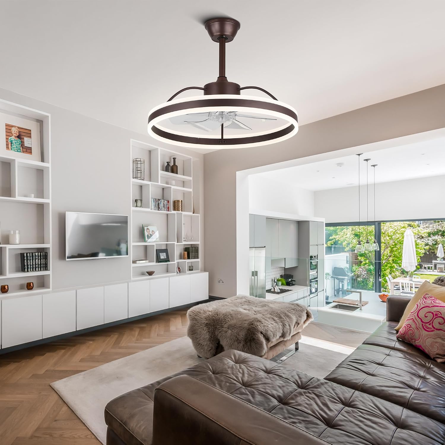 24' Bladeless Bedroom Ceiling Fan Fandelier LED Fan Light with Dimmable LED Light and Remote Control (Coffe)