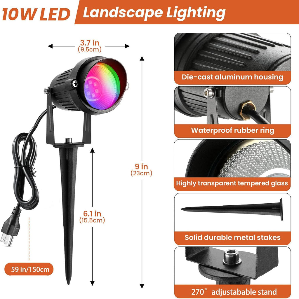 Landscape Lights 10W Christmas Spot Lights Outdoor RGBW Color Changing RGB and Warm White AC 110V-240V LED Landscape Lighting Remote Control Spotlight for Outdoor Yard Garden Lawn (6Pack)