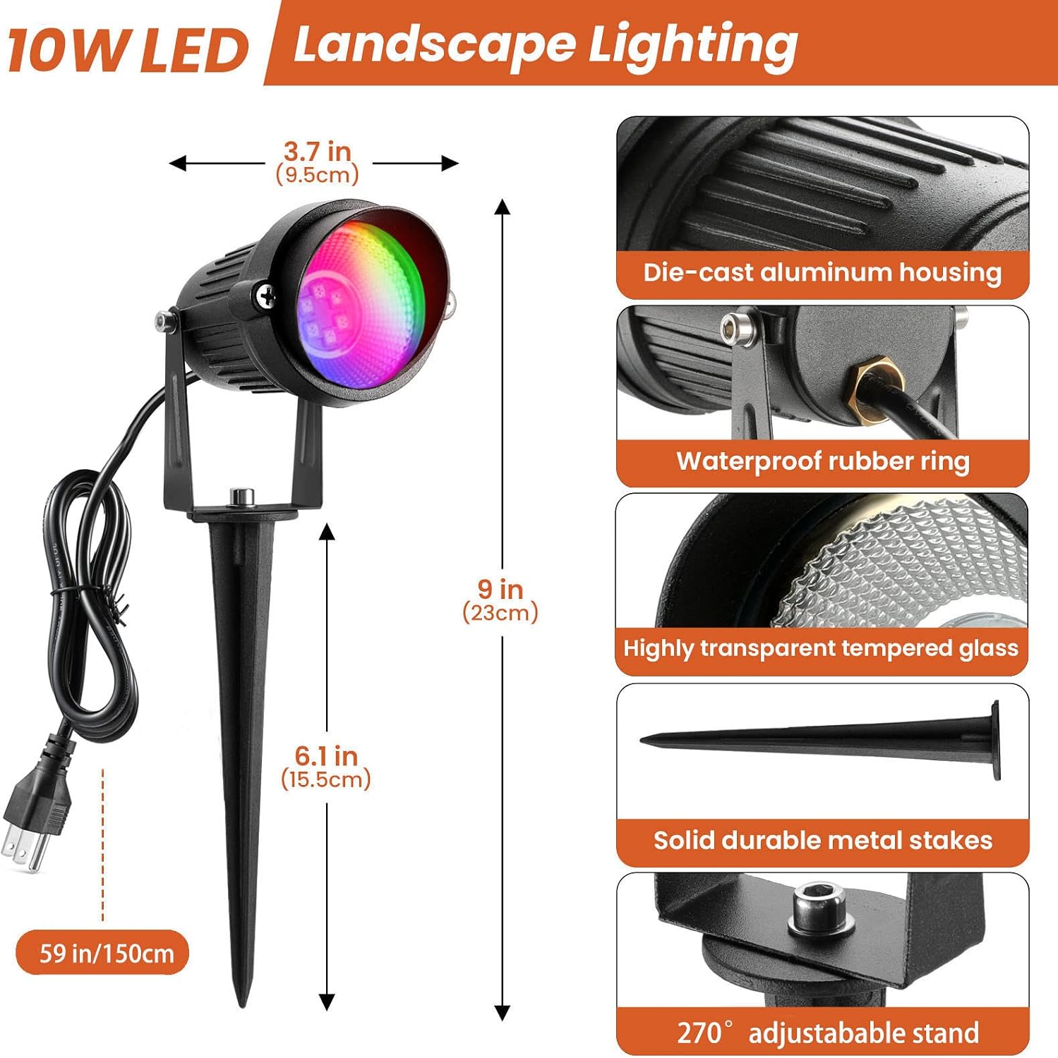 Landscape Lights 10W Christmas Spot Lights Outdoor RGBW Color Changing RGB and Warm White AC 110V-240V LED Landscape Lighting Remote Control Spotlight for Outdoor Yard Garden Lawn (6Pack)