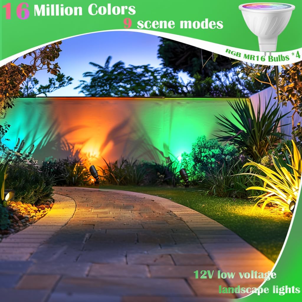iYogaled RGB Landscape Lighting, Smart Low Voltage Landscape Lighting Kit with Color Changing, 4 Pack 12 Volt Landscape Lights, Outdoor Spot Lights for Yard Garden Lighting,Remote/APP/Voice Control.