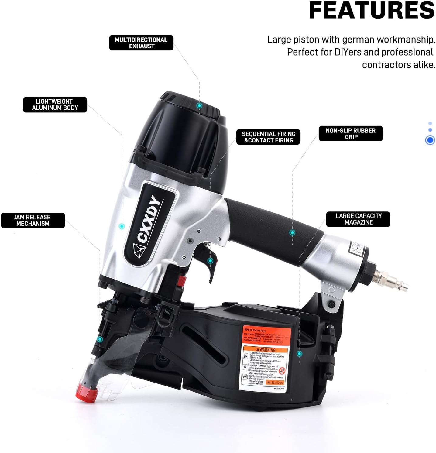 CXXDY Siding Nail gun 15 Degree 1-1/4' to 2-1/2' Coil Siding Nailer – High-Speed Pneumatic Siding Nailer for Siding, Framing, and Fencing – Professional-Grade Performance for Contractors and DIYers