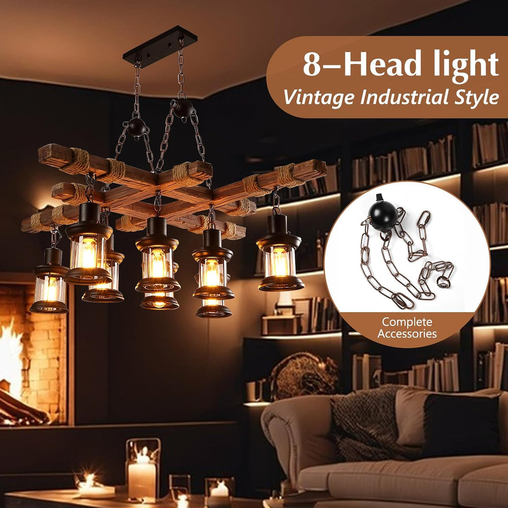 8-Head Industrial Wooden Chandeliers, Vintage Wooden Chandeliers, Durable Vintage Lamps, Retro Ceiling Light, Farmhouse Chandelier Hanging, for Pool Table Kitchen Bar