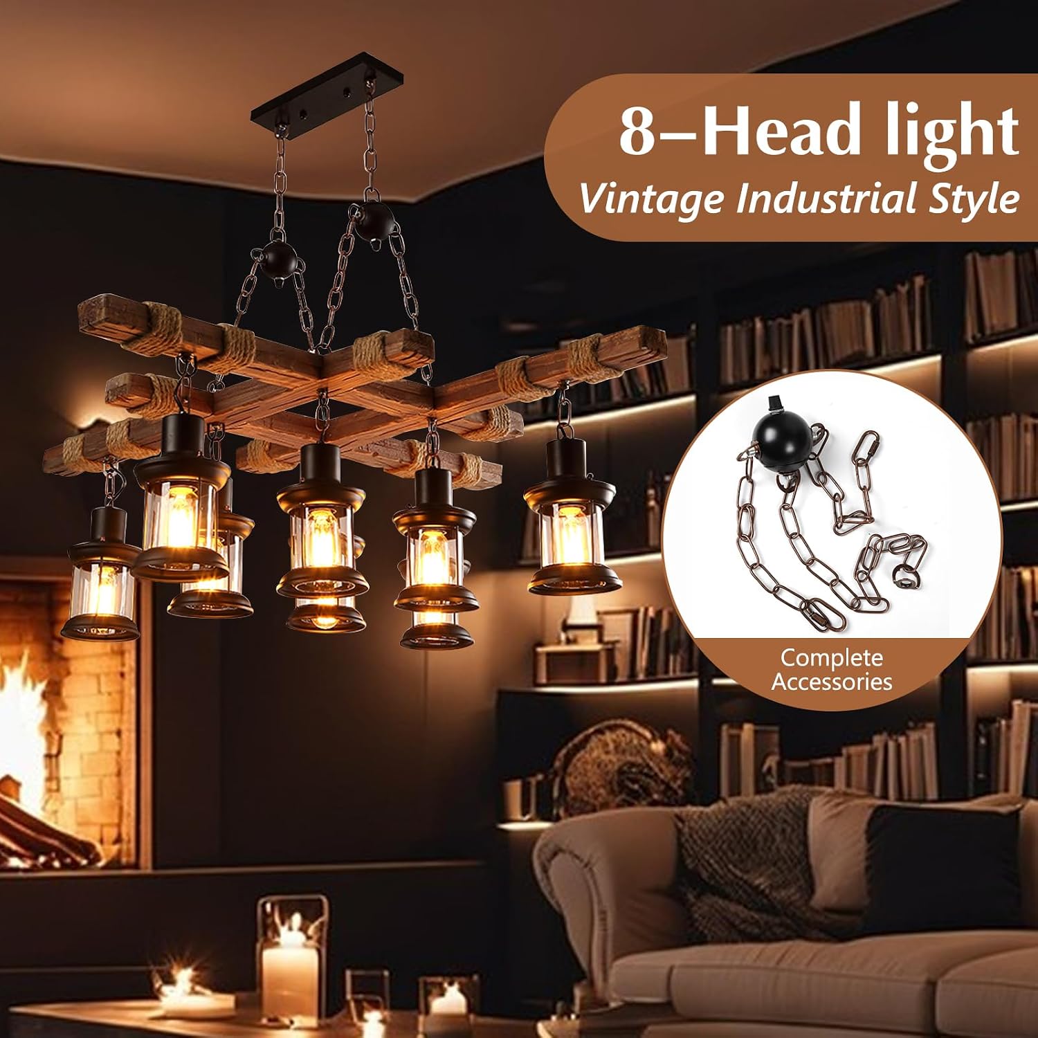 8-Head Industrial Wooden Chandeliers, Vintage Wooden Chandeliers, Durable Vintage Lamps, Retro Ceiling Light, Farmhouse Chandelier Hanging, for Pool Table Kitchen Bar