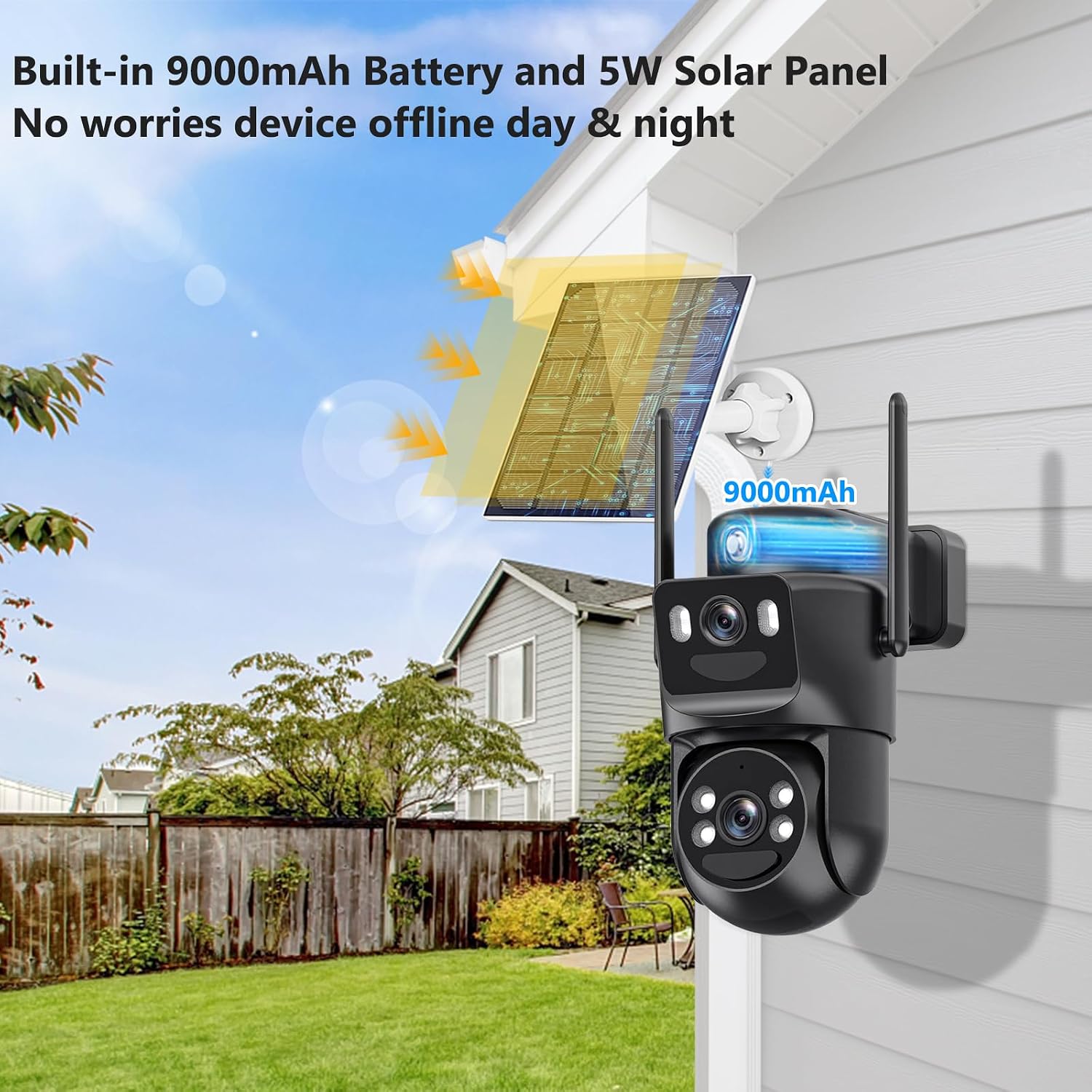 4K Solar Security Cameras Wireless Outdoor Battery Powered, 2.4GHz Dual Lens Bullet & 360°PTZ Linkage Outdoor Security Camera with Solar Panel, 8X Digital Zoom, Color Night Vision (2 Pack)