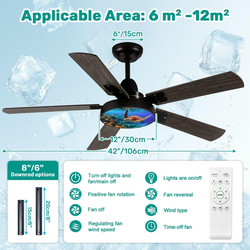 Modern Ceiling Fans with Lights Remote, Sea turtle swims under water coral reefs 42 Inch Ceiling Fan for Bedroom Living Room Farmhouse, 6 Speed Reversible Quiet Motor