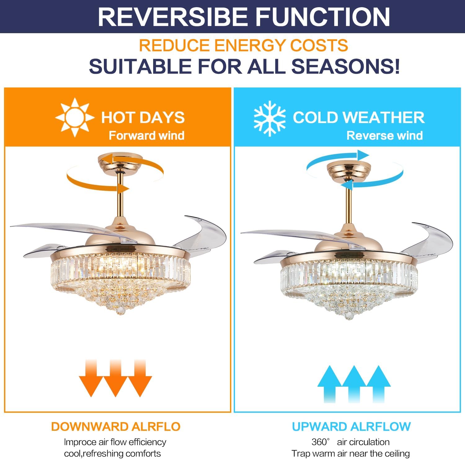 52'' Crystal Ceiling Fan with Light and Remote,Modern Gold Fandelier with Invisible Retractable Blades,Dimmable Chandelier Ceiling Fan for Bedroom Living Room Dining Room