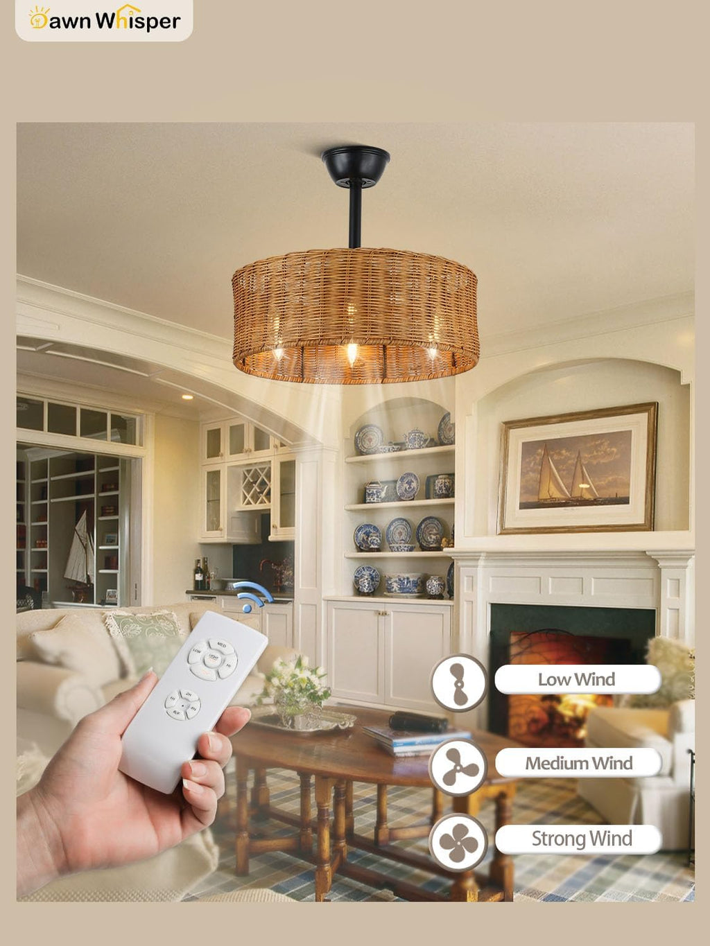 Dawn Whisper Caged Ceiling Fan with Lights, 18' Boho Ceiling Fan with Lights, Rattan Ceiling Fans with Lights, Farmhouse Ceiling Fans with Lights, Bedroom Ceiling Fans with Lights