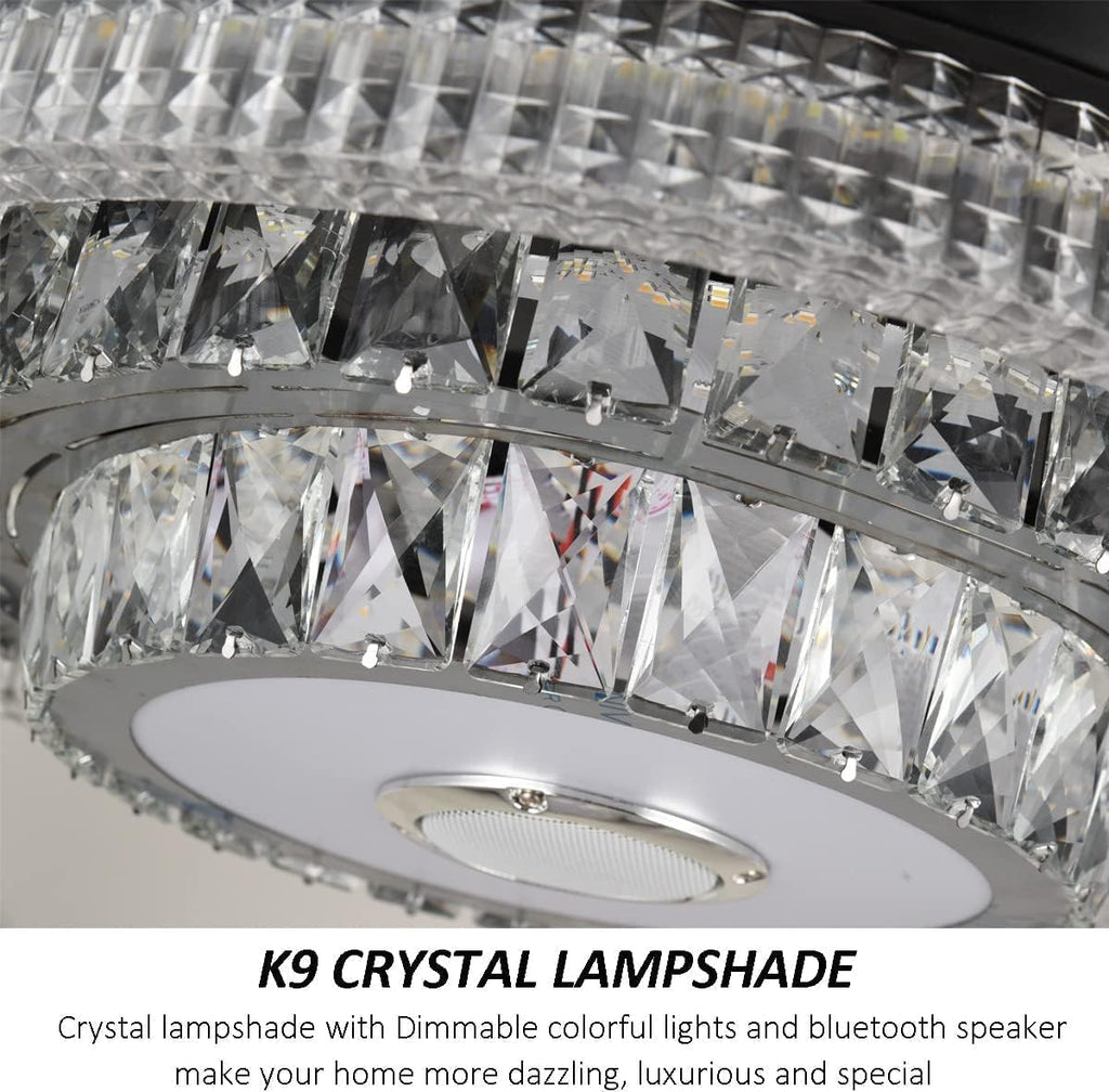 42inch Crystal Ceiling Fan Light with Bluetooth Speaker Reversible 6 Speeds Invisible Chandelier with Remote Control 3 Colors Change LED Light Dimmable Fandelier Music Lighting Fixture