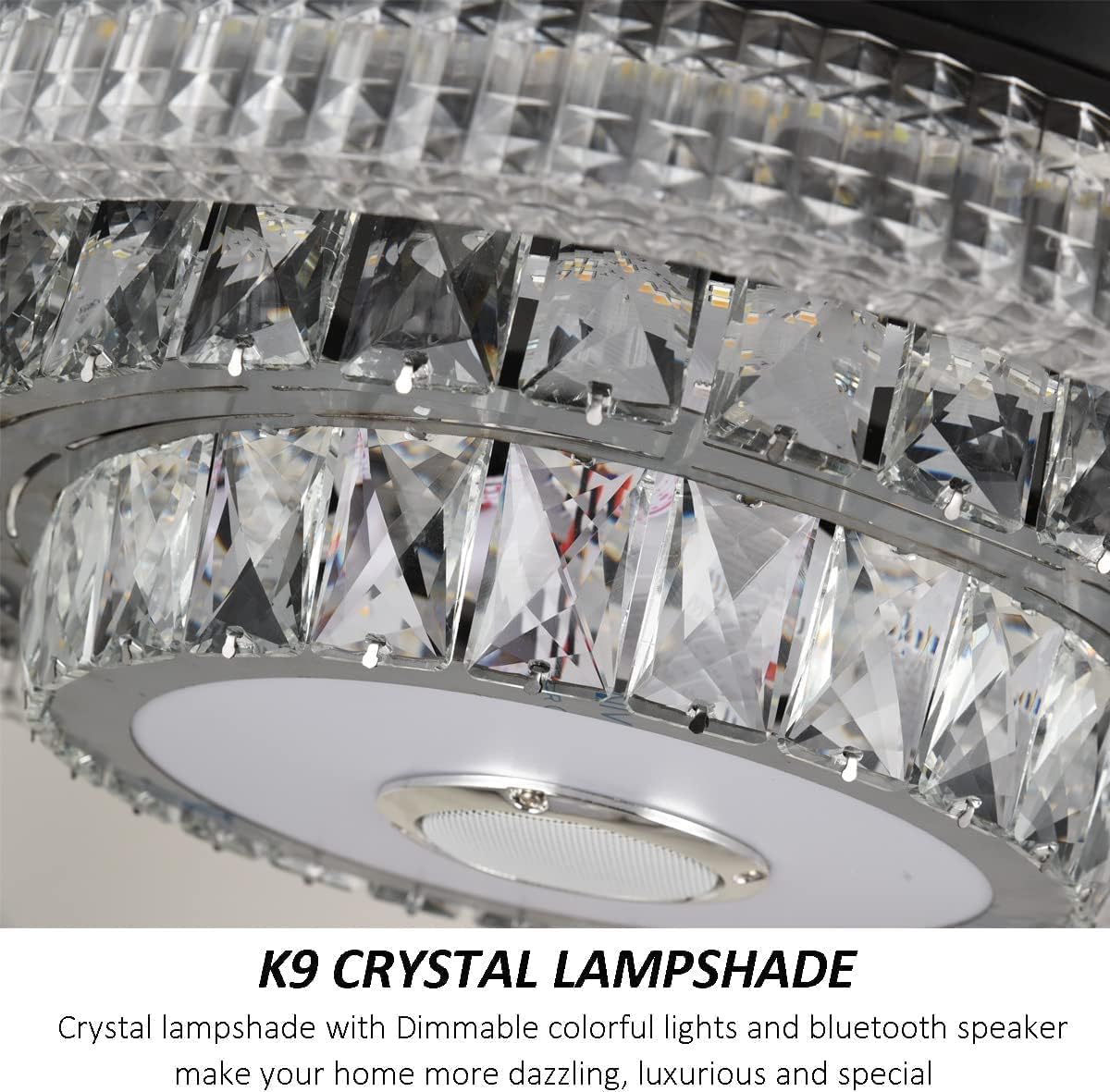 42inch Crystal Ceiling Fan Light with Bluetooth Speaker Reversible 6 Speeds Invisible Chandelier with Remote Control 3 Colors Change LED Light Dimmable Fandelier Music Lighting Fixture