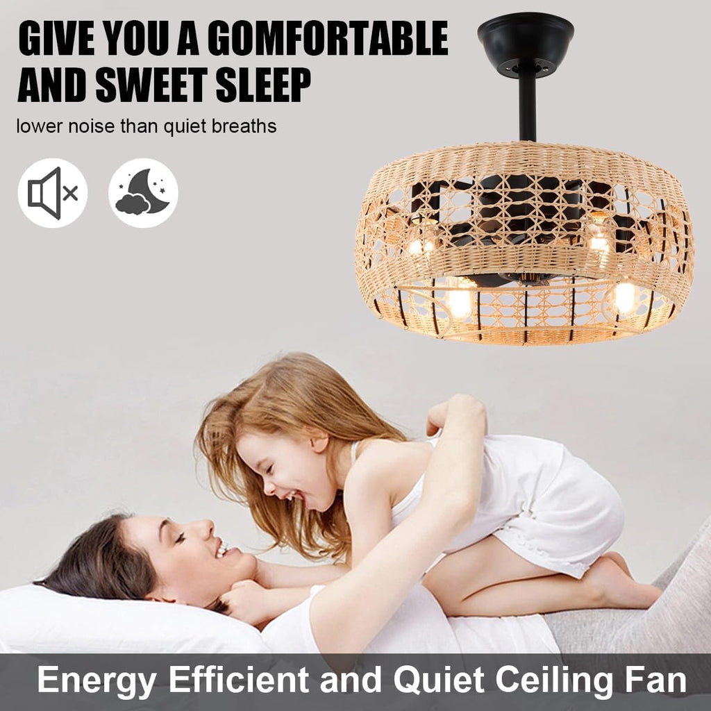 18.2' Rattan Ceiling Fan with Lights 4-Light Boho Caged Ceiling Fandelier with Light Reversible Brown Wicker Flush Mount Fan Pendant Light Remote for Bedroom Kitchen Dining/Living Room Hallway