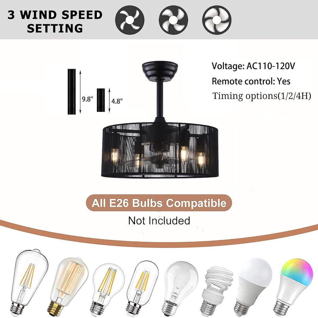 LOYALHEARTDY Caged Ceiling Fans with Lights and Remote 18' Black Fringe Tassel Ceiling Fan 3-Speed Modern Downrod Mount Bladeless Ceiling Fan Kids Fan