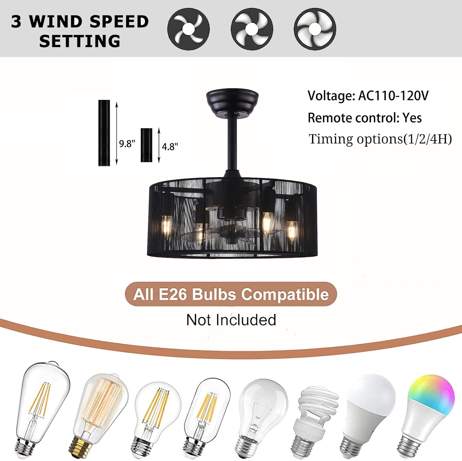 LOYALHEARTDY Caged Ceiling Fans with Lights and Remote 18' Black Fringe Tassel Ceiling Fan 3-Speed Modern Downrod Mount Bladeless Ceiling Fan Kids Fan