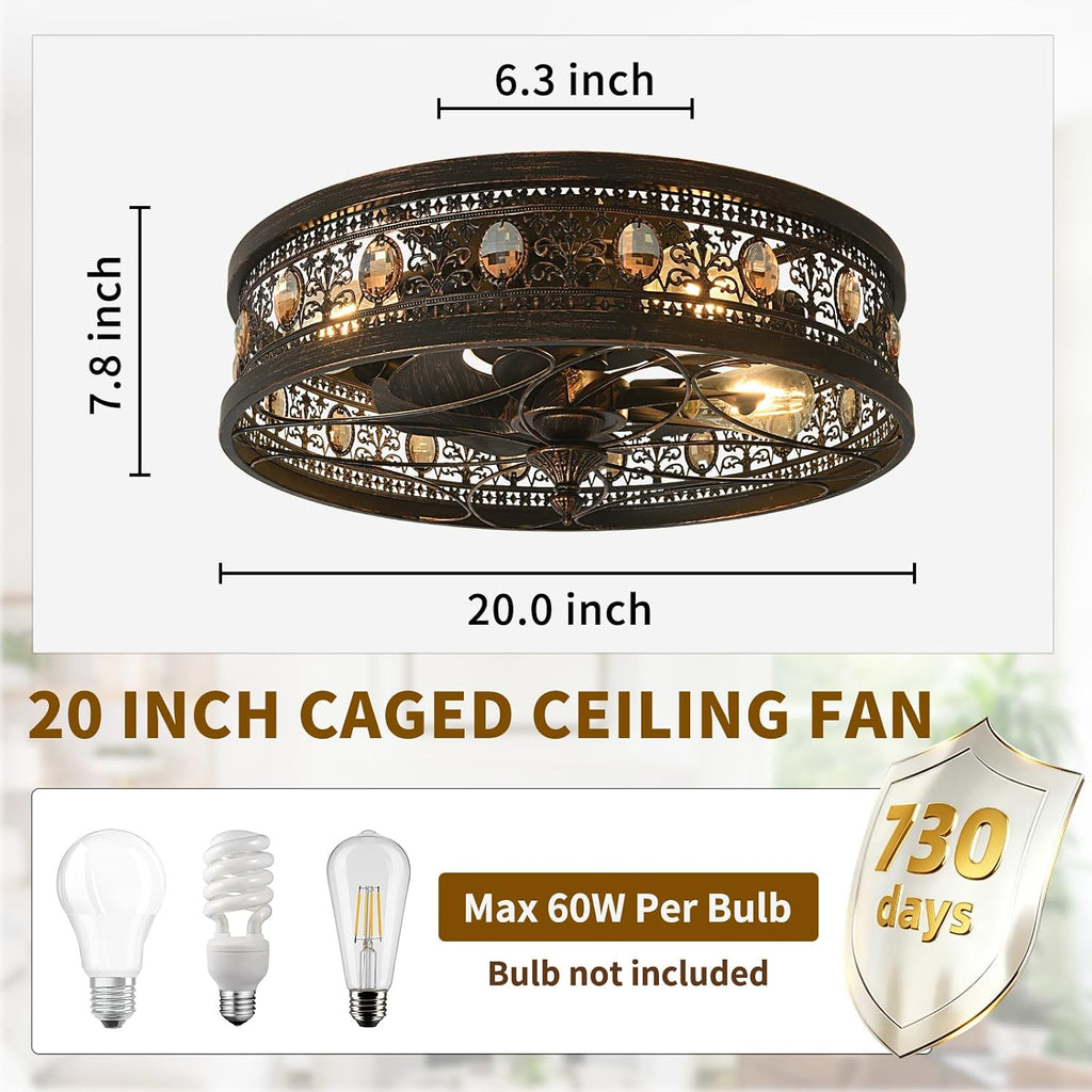 Fandelier Ceiling Fan with Light,Low Profile Small Black Ceiling Fan, Caged Flush Mount Enclosed Design for Bedroom Kitchen Farmhouse Rustic Vintage Style